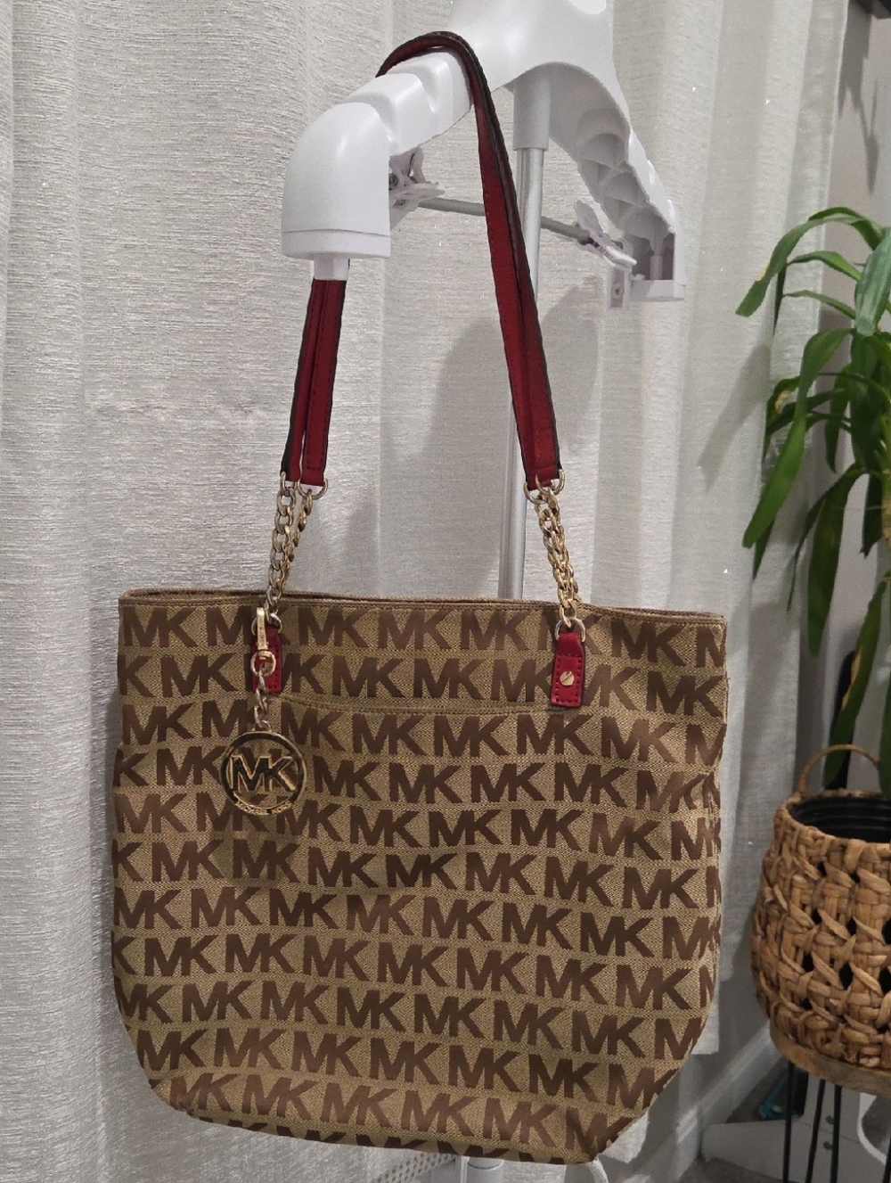 Michael Kors Brown Logo Purse with Red Straps and Gold Hardware
